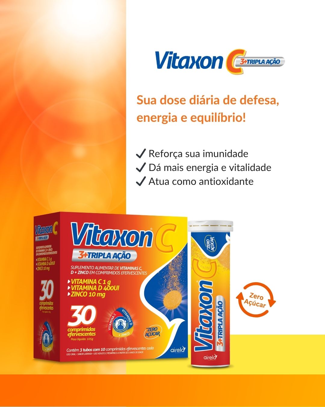 Vitaxon Comprimidos Tripla Ação Fortalecimento Imunológico Airela Vitamina C - 10 Efervescentes