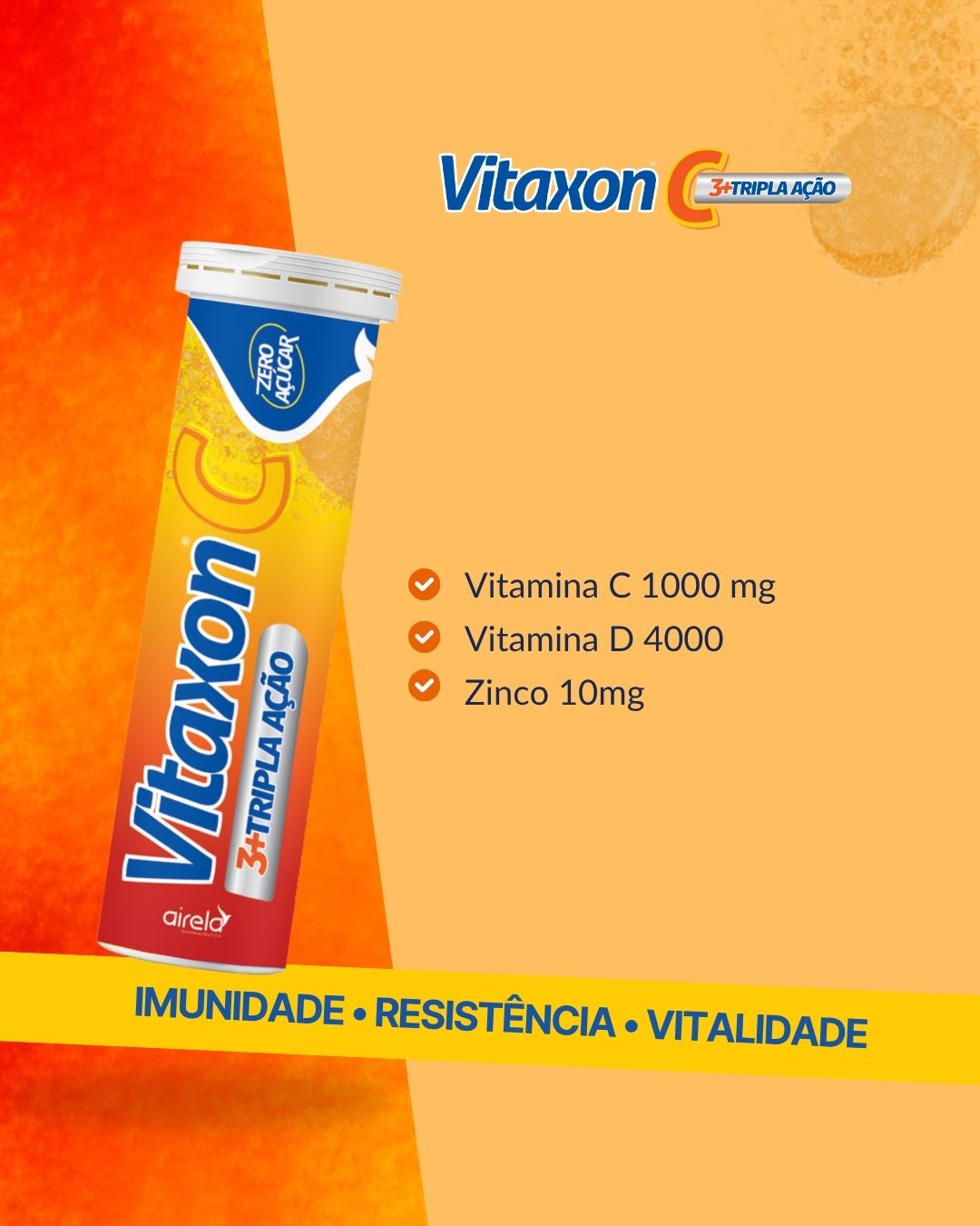 Vitaxon C Tripla Ação 30 Comprimidos Efervescentes – Vitamina C 1g + D 4000UI + Zinco 10mg – Sabor Laranja