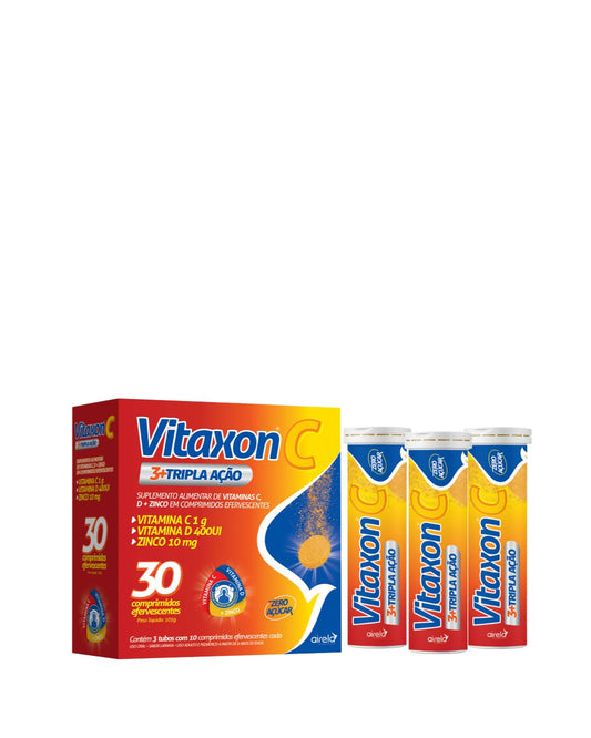Vitaxon C Tripla Ação 30 Comprimidos Efervescentes – Vitamina C 1g + D 4000UI + Zinco 10mg – Sabor Laranja