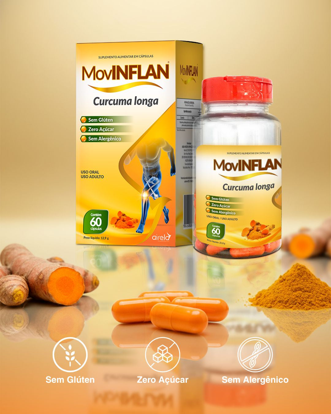 Movinflan Cápsulas Saúde Articular Airela Cúrcuma - 60 Cápsulas