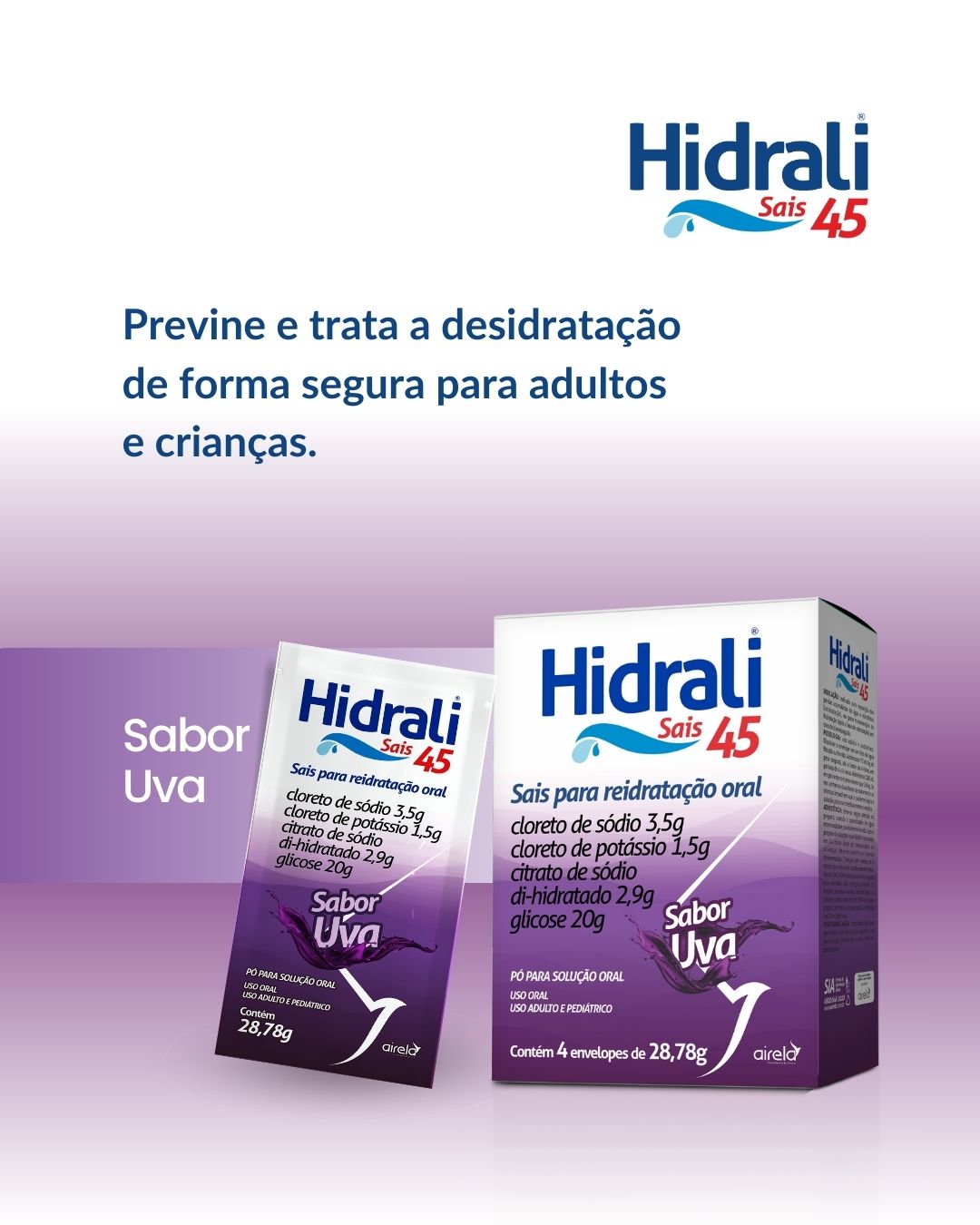 Hidrali Sais 45 - Repositor hidroeletrolítico sabor Uva- 4 envelopes