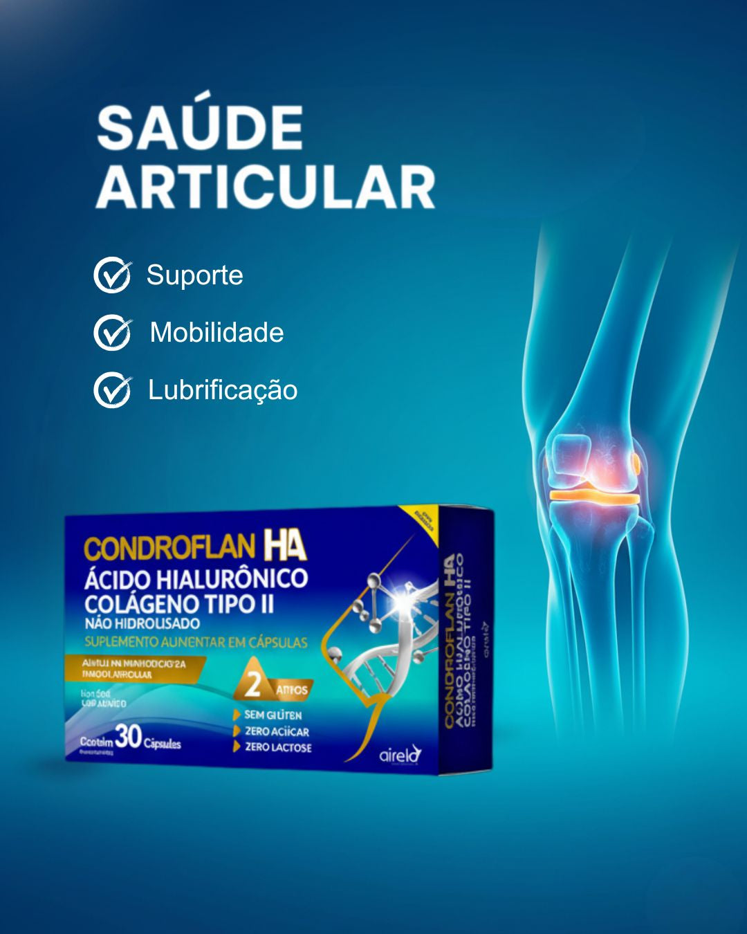 Condroflan Cápsulas HA Cart Flex Saúde Articular Airela Colágeno - 30 Cápsulas