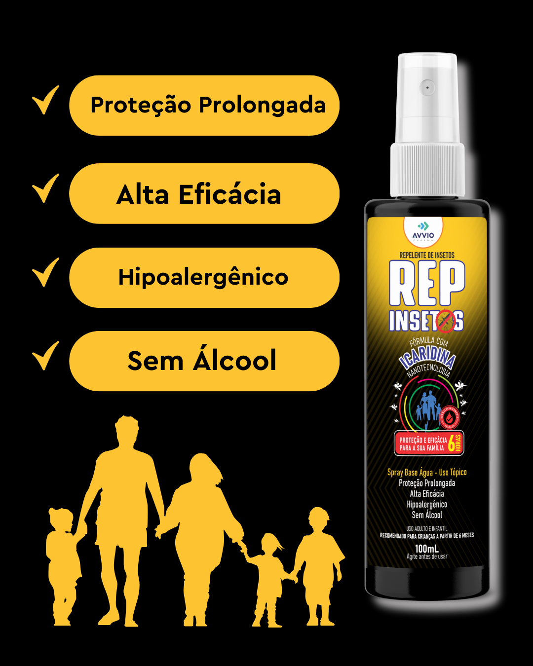 REP Repelente Familiar Avançado Avvio Icaridina com Nanotecnologia Spray Sem Álcool Hipoalergênico 100m