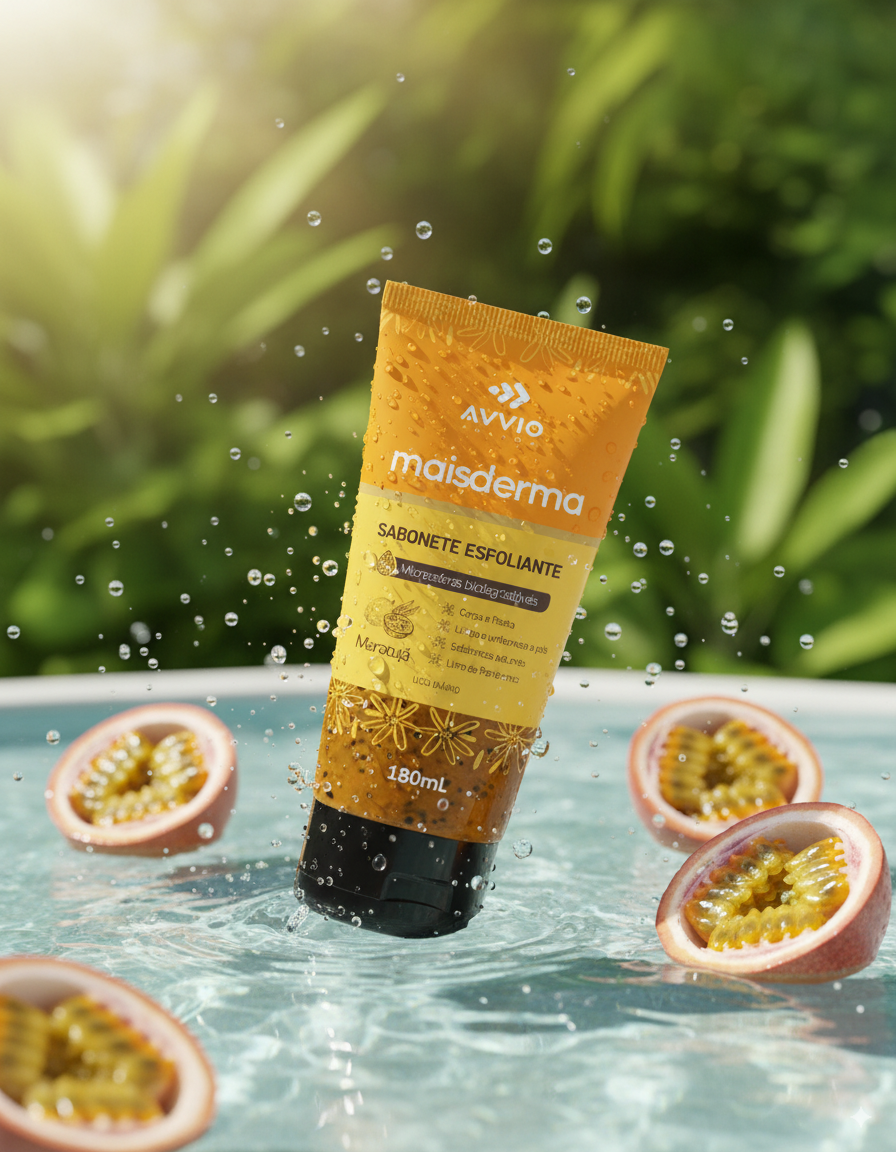 Sabonete Líquido Esfoliante Maisderma Maracujá Revitalização Aroma Tropical AVVIO Cuidado com a Pele - 180ml
