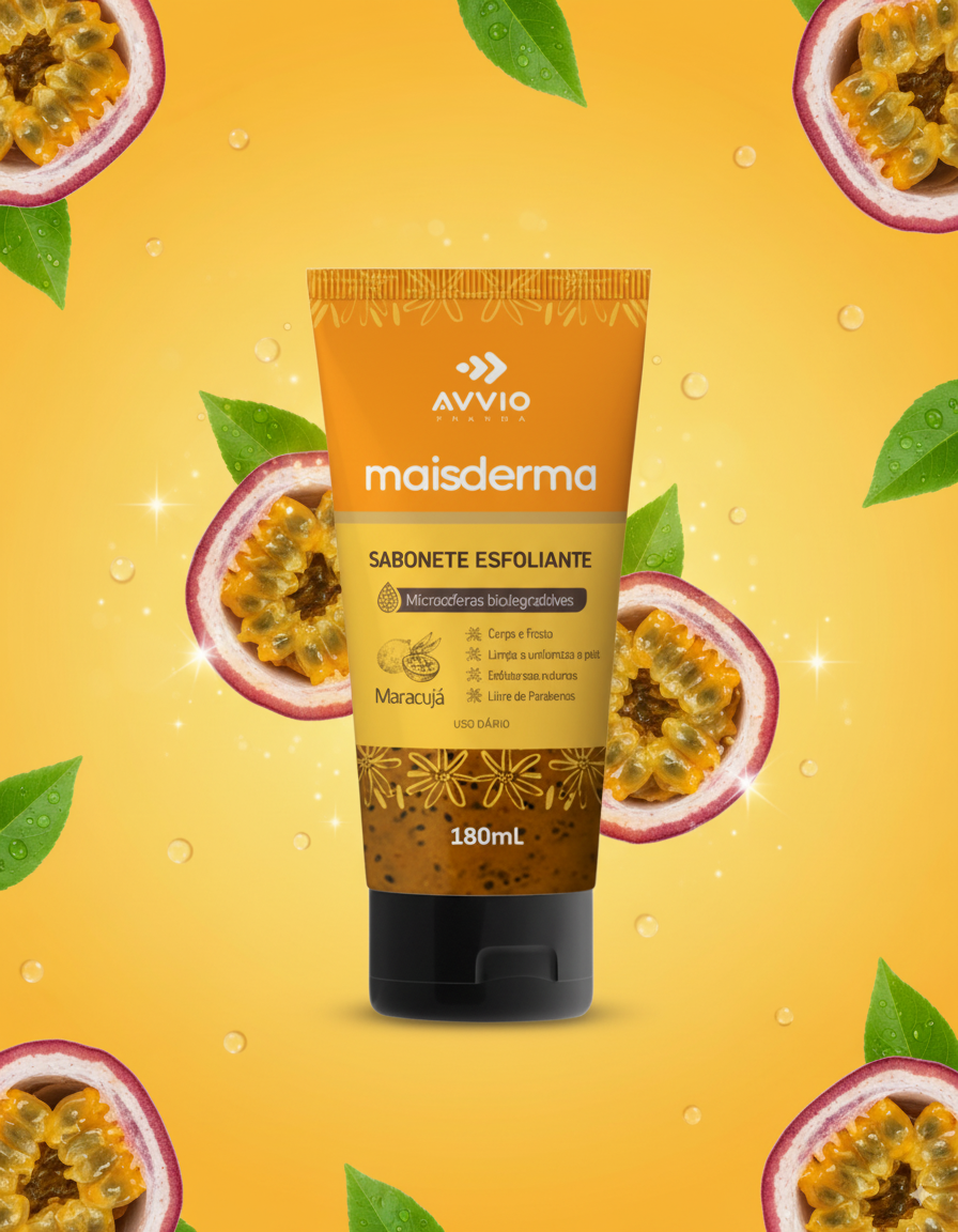 Sabonete Líquido Esfoliante Maisderma Maracujá Revitalização Aroma Tropical AVVIO Cuidado com a Pele - 180ml