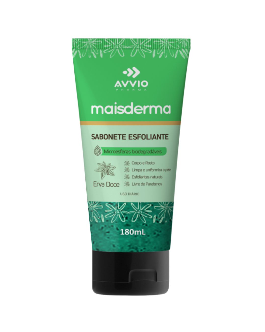 Sabonete Líquido Esfoliante Maisderma Erva Doce Limpeza Suave Hidratação Aroma Refrescante AVVIO Cuidado Diário - 180ml