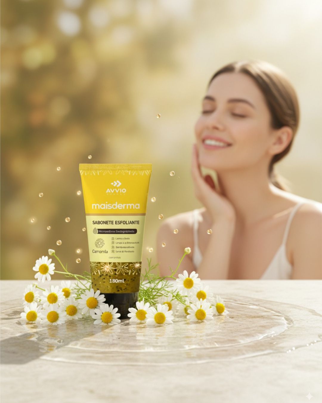 Sabonete Líquido Esfoliante Maisderma Camomila Calmante Suavidade Limpeza Delicada AVVIO Pele Sensível - 180ml
