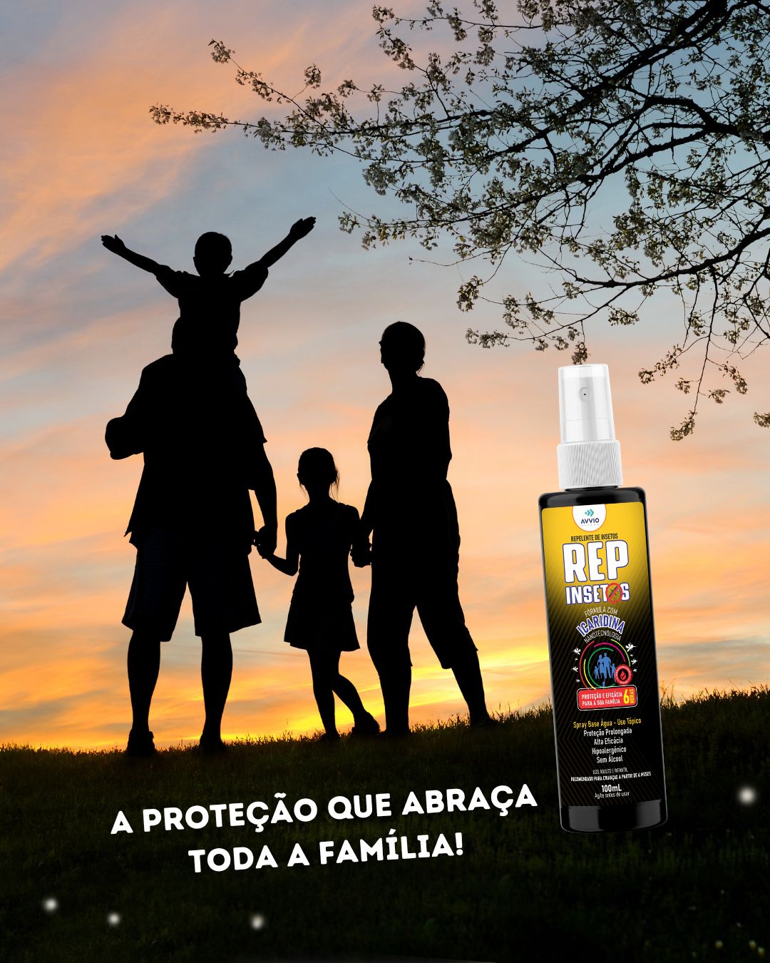 Spray Repelente Insetos Família Icaridina 25% Proteção Prolongada Família Não Oleosa AVVIO Repelente - 100ml