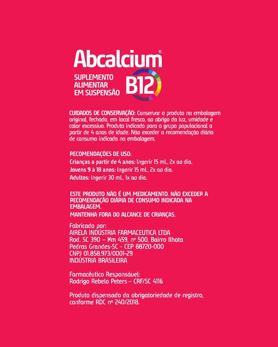 Abcalcium B12 Cálcio Suplemento Saúde Óssea Airela - 240ml