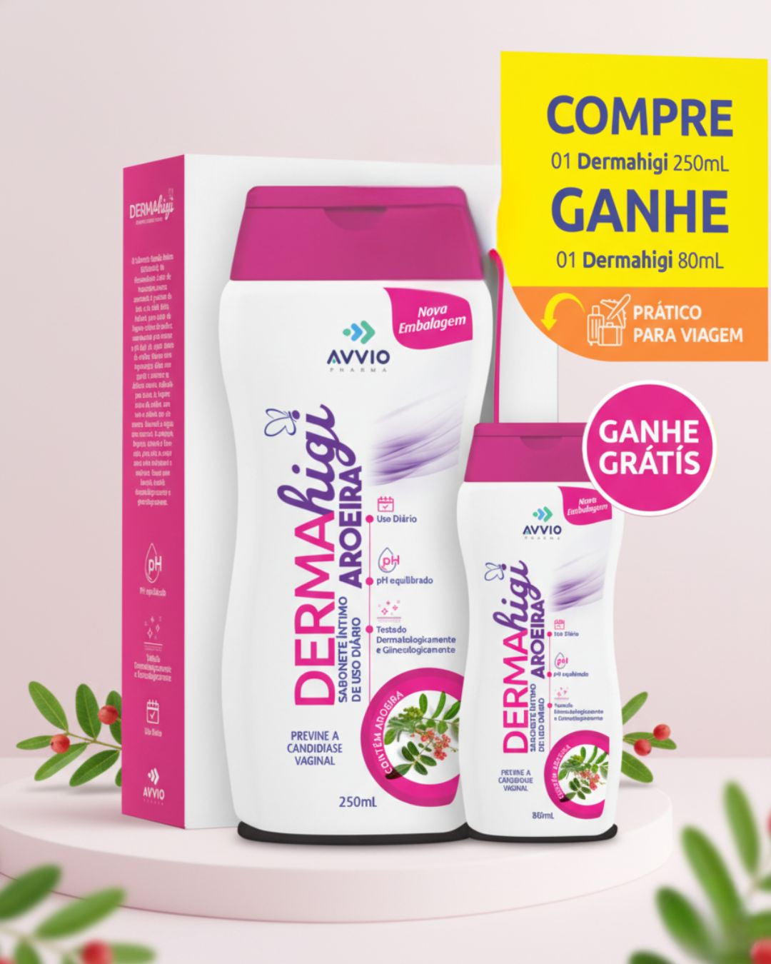 Sabonete Líquido Int Dermahigi Aroeira Pack Higiene Íntima pH Balanceado AVVIO Cuidado Íntimo - 250ml + 80ml