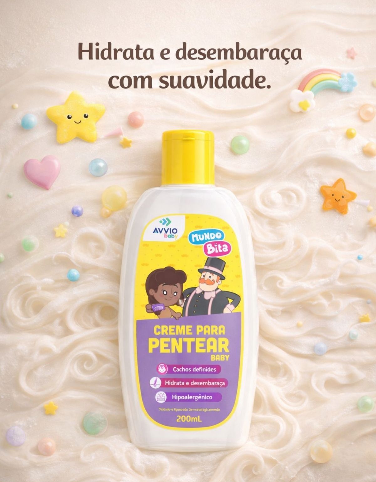 Creme Para Pentear Baby e Infantil Mundo Bita Hidratação Nutrição AVVIO Cuidado Infantil - 200ml