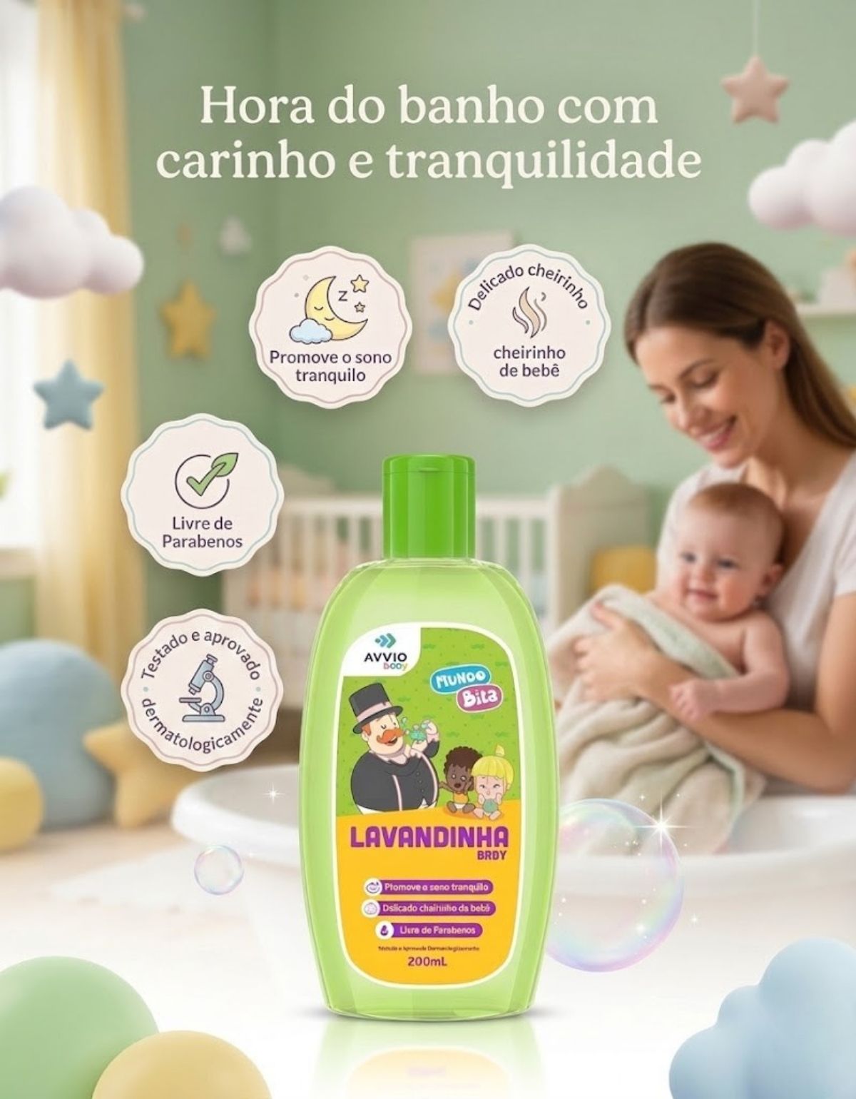 Lavandinha Baby Mundo Bita Hidratação Suave AVVIO Cuidado Infantil - 200ml