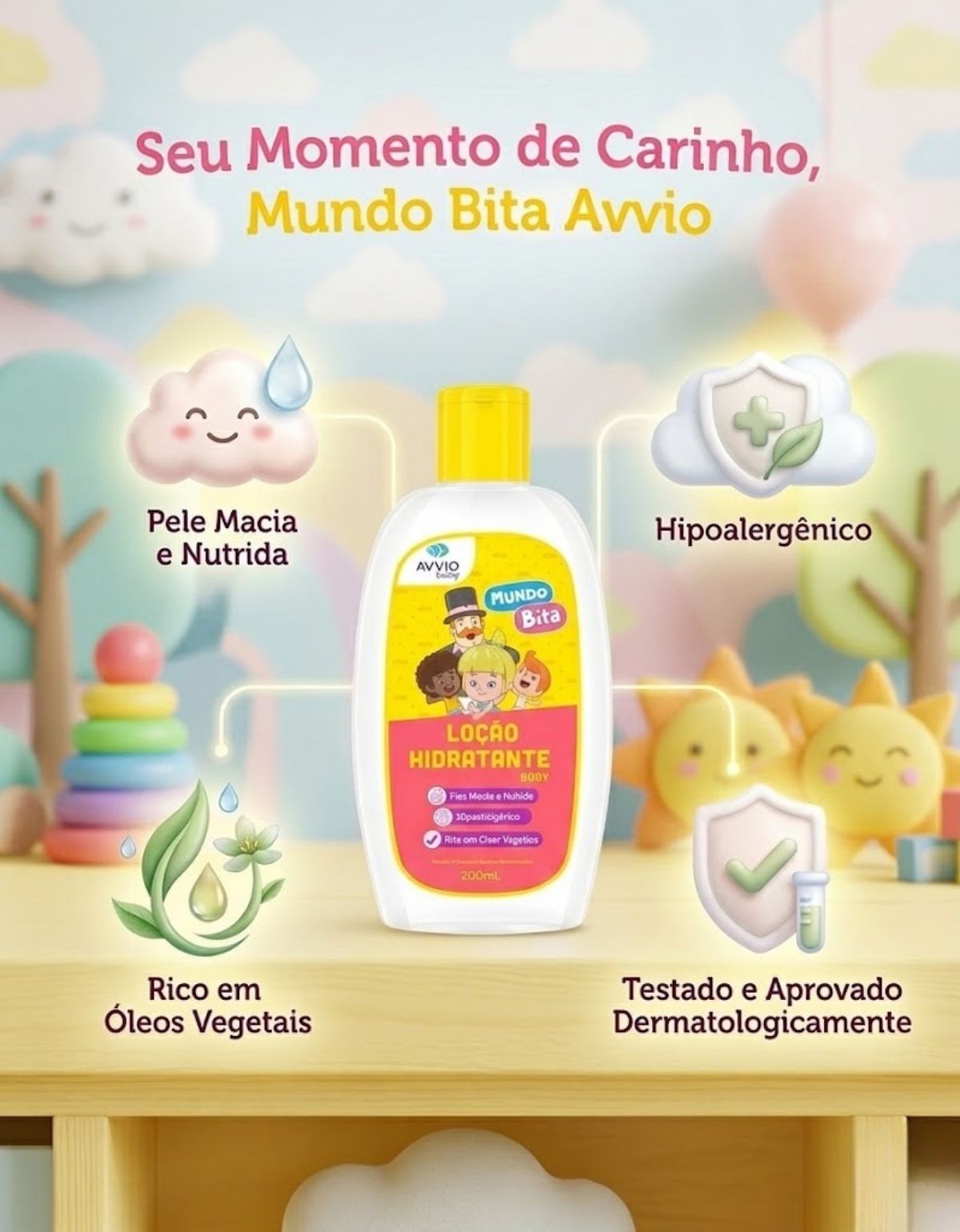 Loção Hidratante Baby Mundo Bita Hidratação Suave AVVIO Cuidado Infantil - 200ml