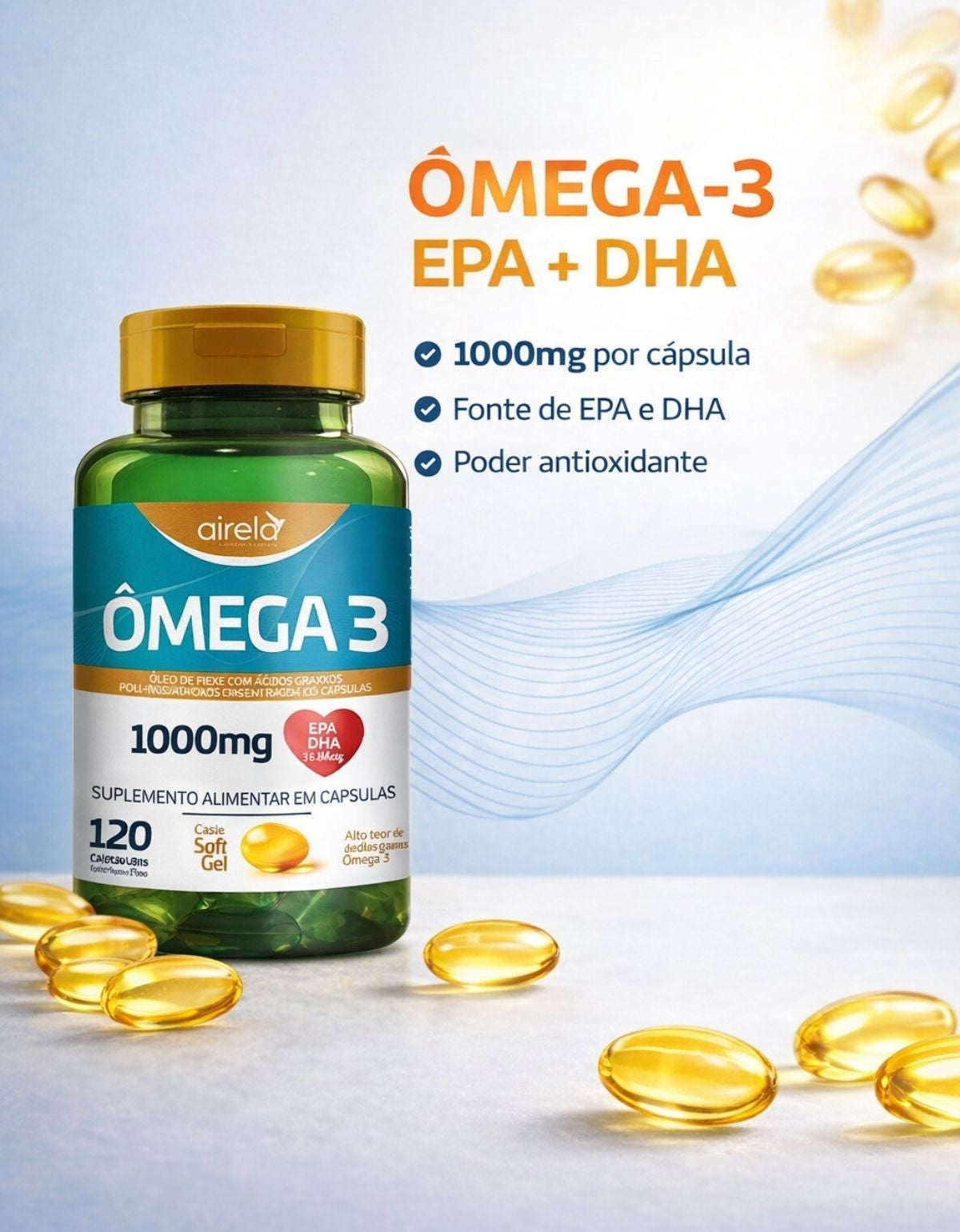 Ômega 3 Suplemento Saúde Cardiovascular Airela EPA DHA - 120 Cápsulas
