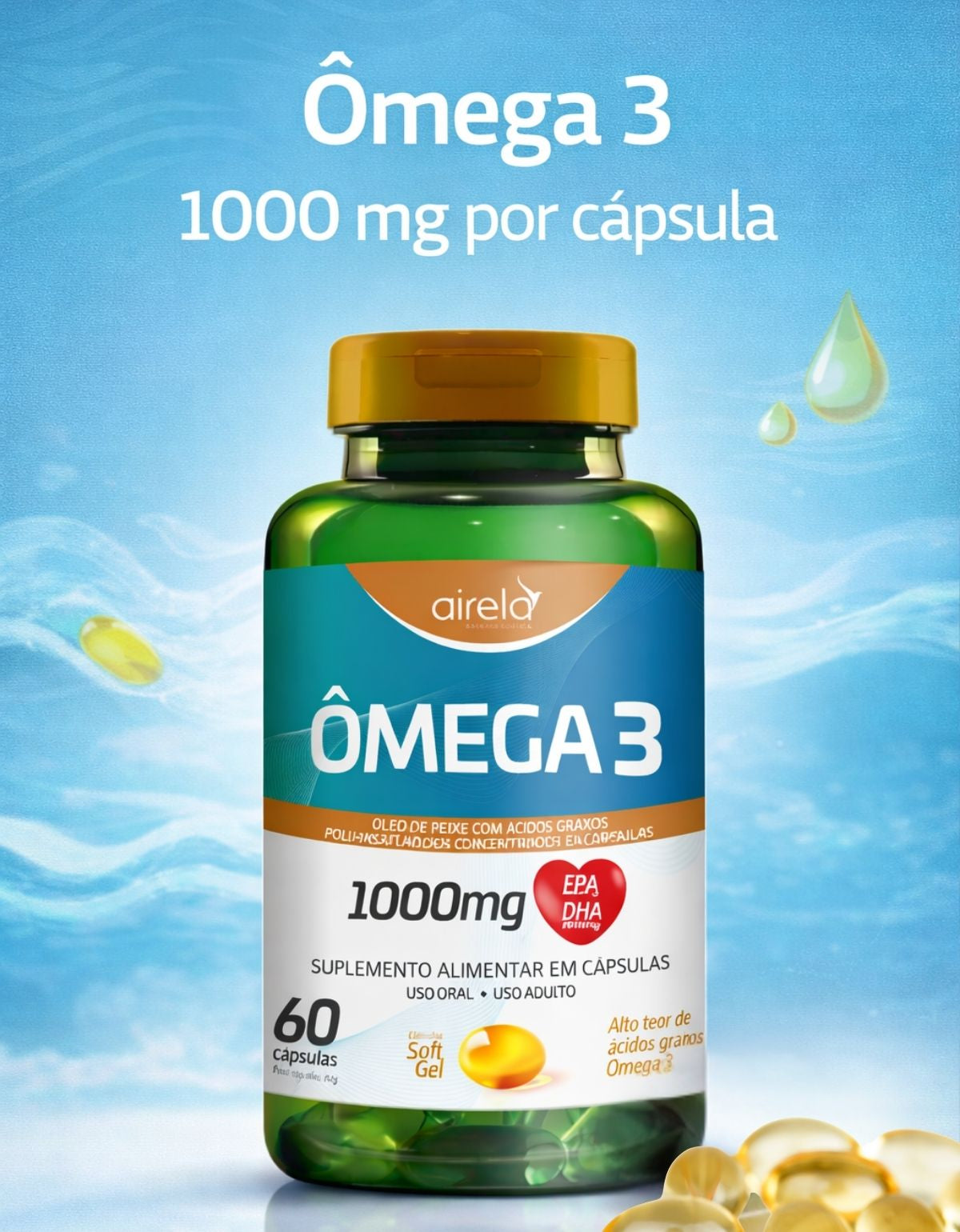 Ômega 3 Suplemento Saúde Cardiovascular Airela EPA DHA - 60 Cápsulas