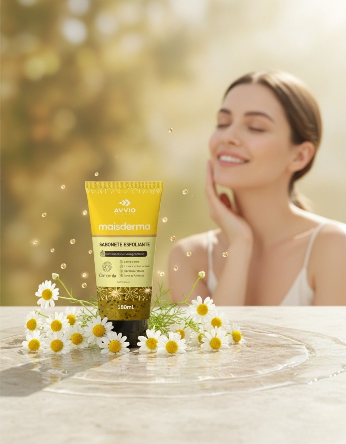 Sabonete Líquido Esfoliante Maisderma Camomila Calmante Suavidade Limpeza Delicada AVVIO Pele Sensível - 180ml